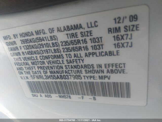 Photo 8 VIN: 5FNRL3H55AB037905 - HONDA ODYSSEY 