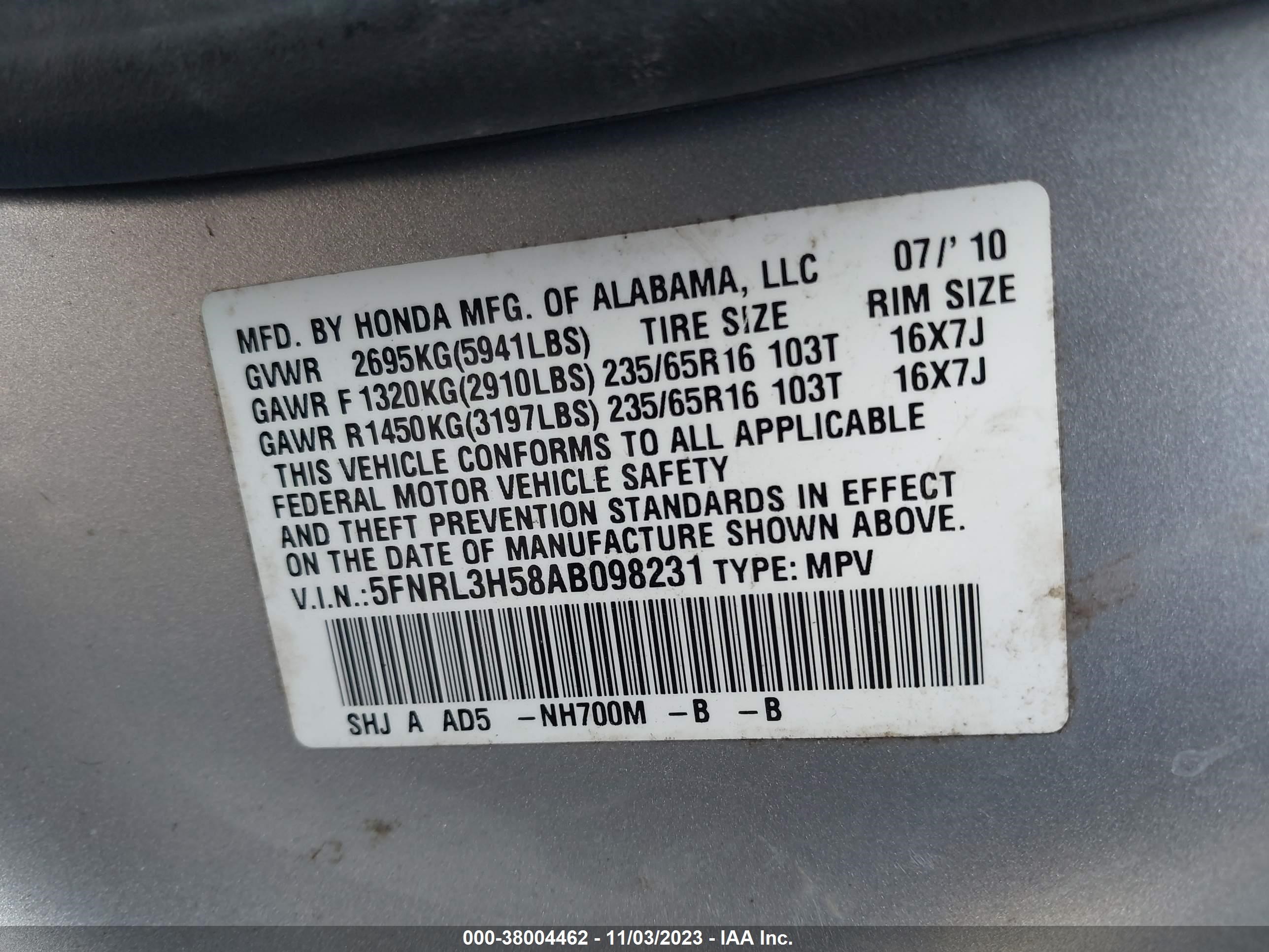 Photo 8 VIN: 5FNRL3H58AB098231 - HONDA ODYSSEY 