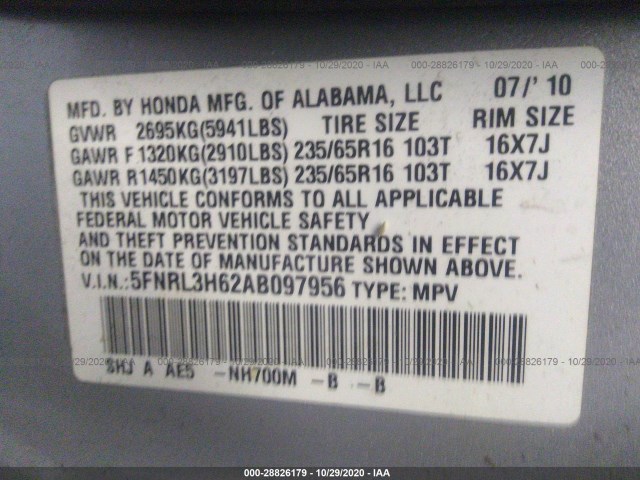 Photo 8 VIN: 5FNRL3H62AB097956 - HONDA ODYSSEY 