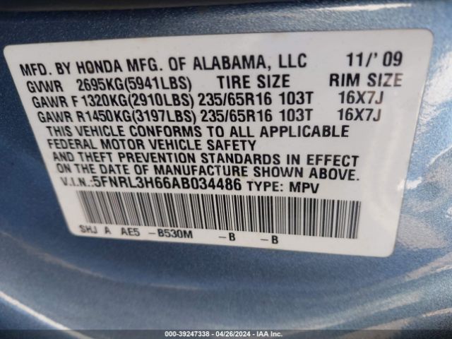 Photo 8 VIN: 5FNRL3H66AB034486 - HONDA ODYSSEY 