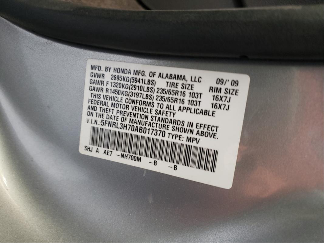 Photo 9 VIN: 5FNRL3H70AB017370 - HONDA ODYSSEY EX 