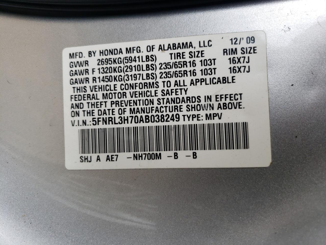 Photo 12 VIN: 5FNRL3H70AB038249 - HONDA ODYSSEY 