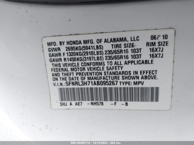 Photo 8 VIN: 5FNRL3H71AB095267 - HONDA ODYSSEY 