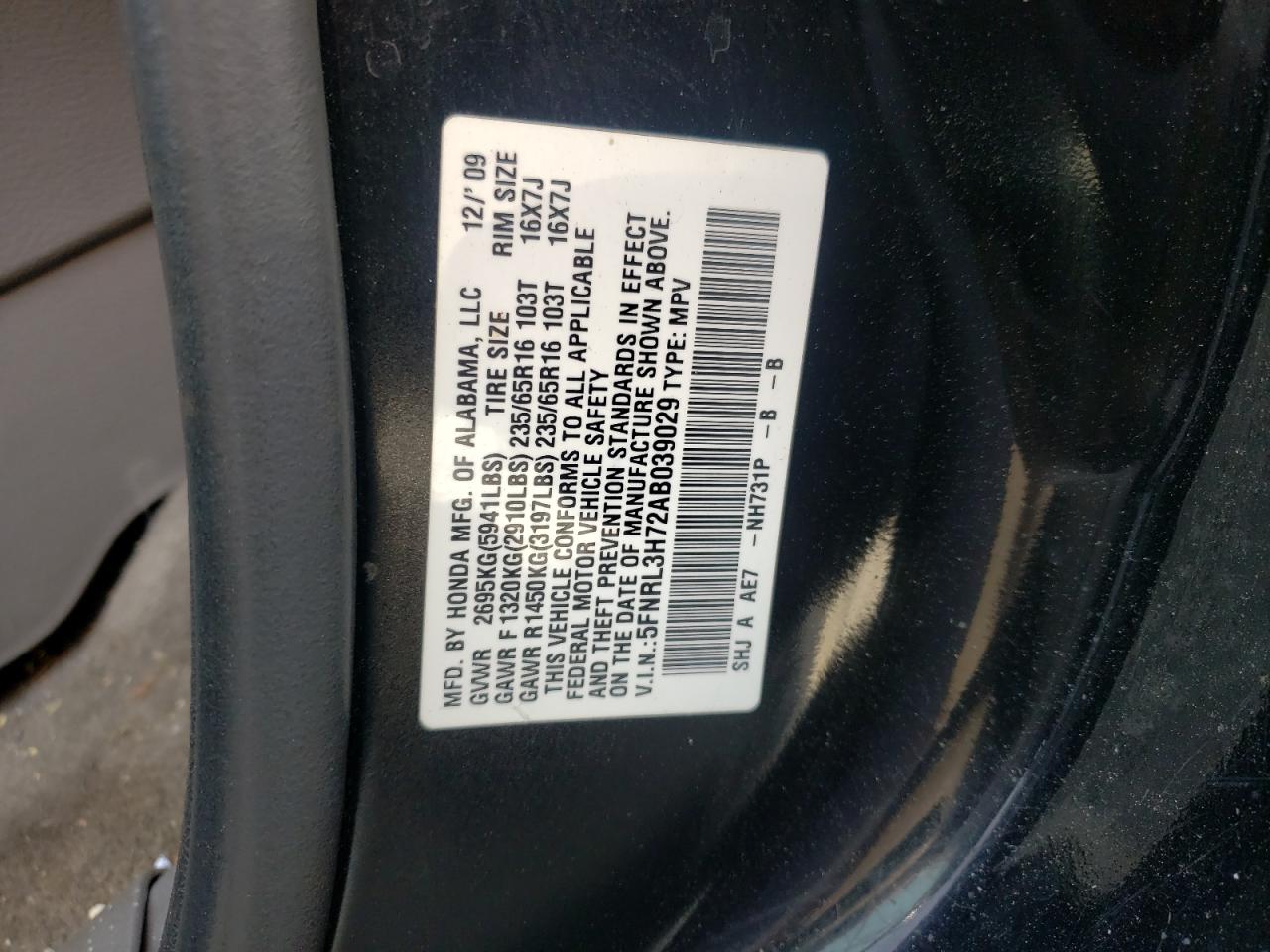 Photo 12 VIN: 5FNRL3H72AB039029 - HONDA ODYSSEY 