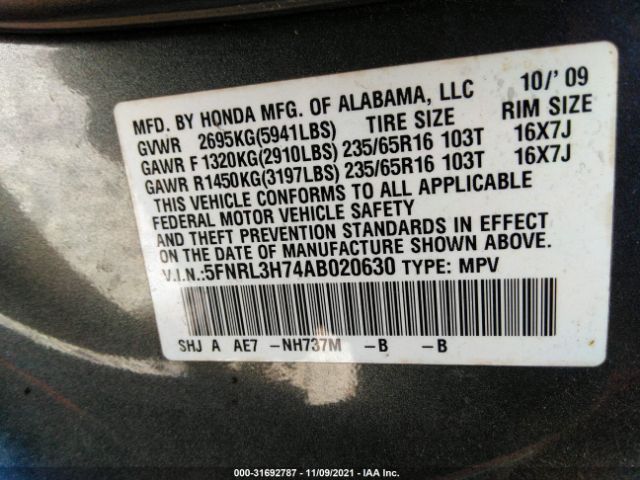 Photo 8 VIN: 5FNRL3H74AB020630 - HONDA ODYSSEY 