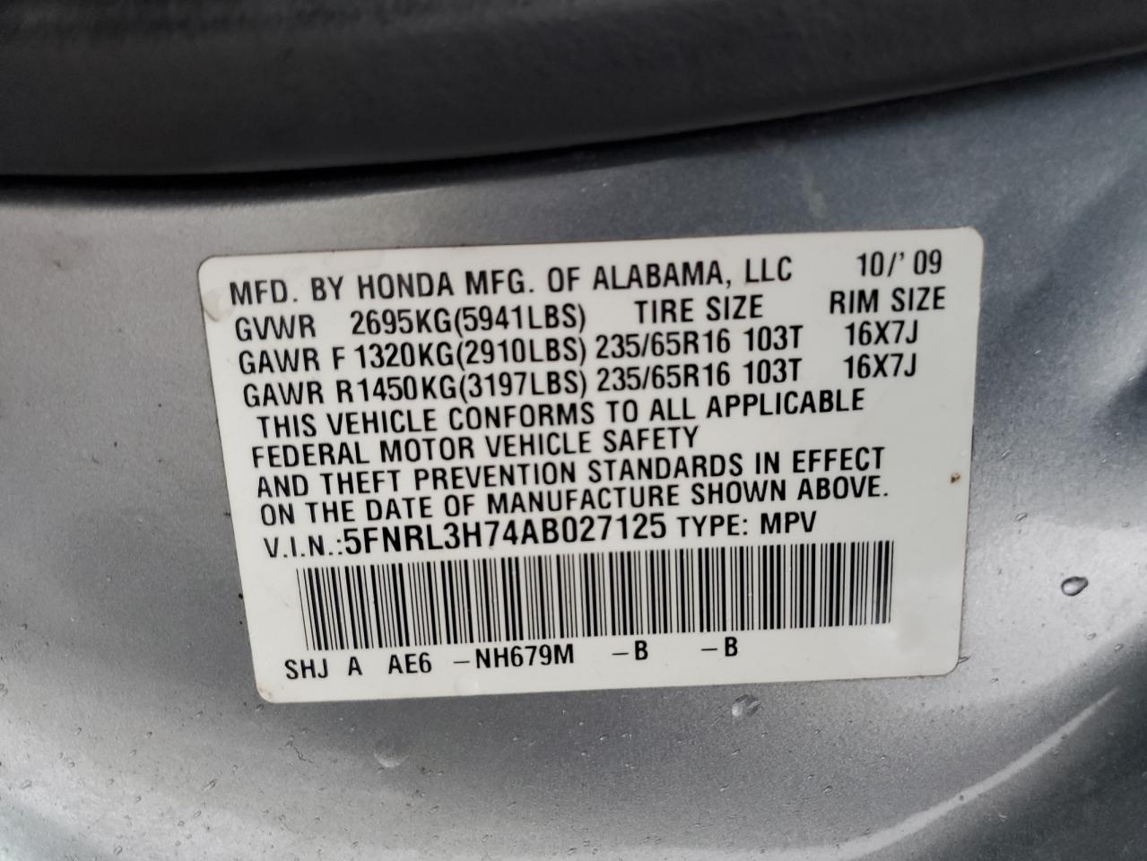 Photo 12 VIN: 5FNRL3H74AB027125 - HONDA ODYSSEY 