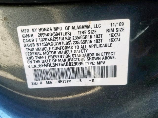 Photo 9 VIN: 5FNRL3H76AB029099 - HONDA ODYSSEY EX 