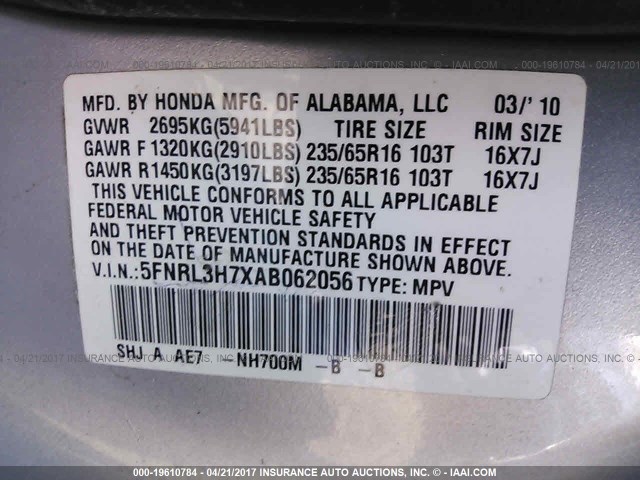 Photo 8 VIN: 5FNRL3H7XAB062056 - HONDA ODYSSEY 