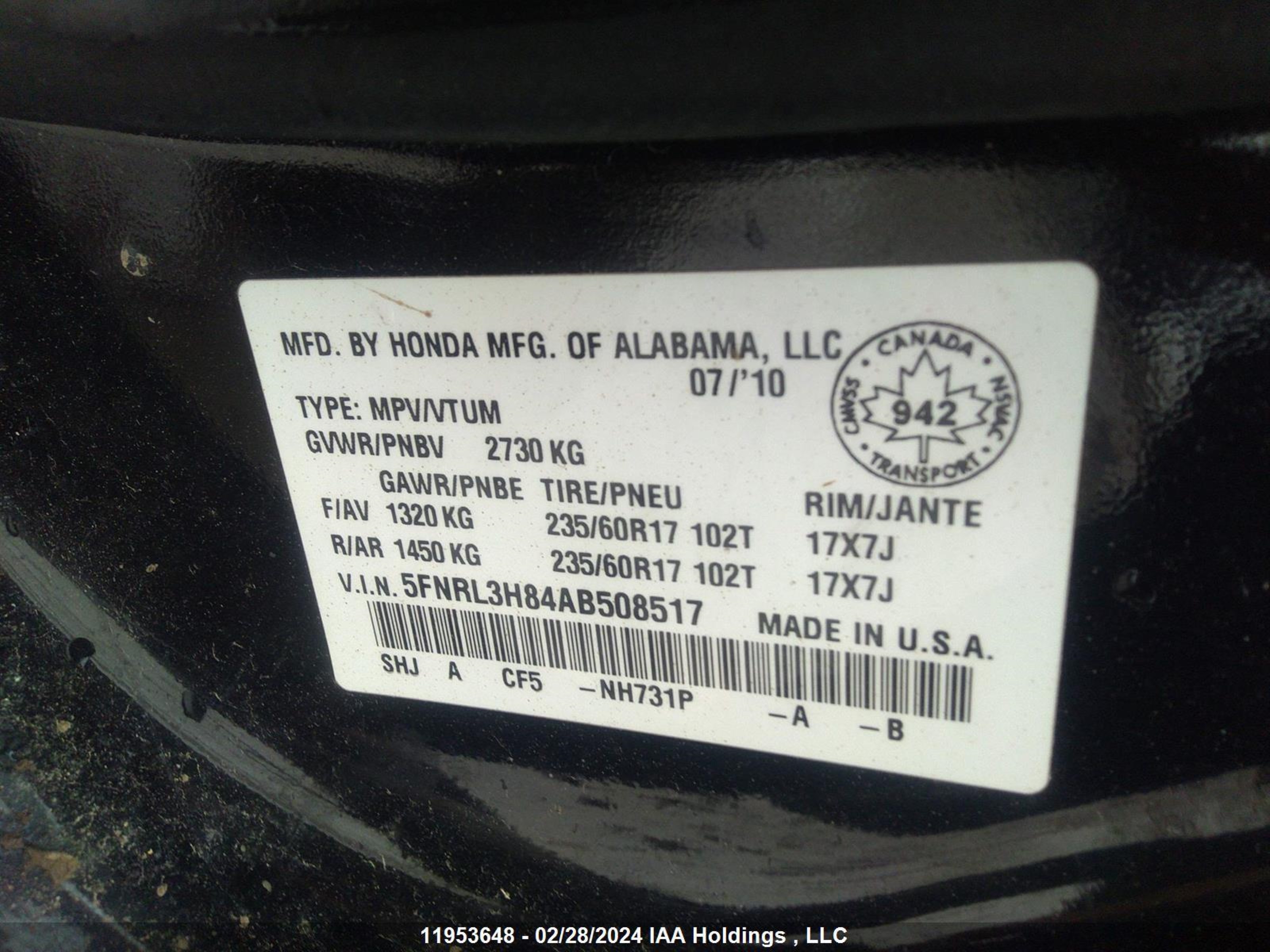 Photo 8 VIN: 5FNRL3H84AB508517 - HONDA ODYSSEY 