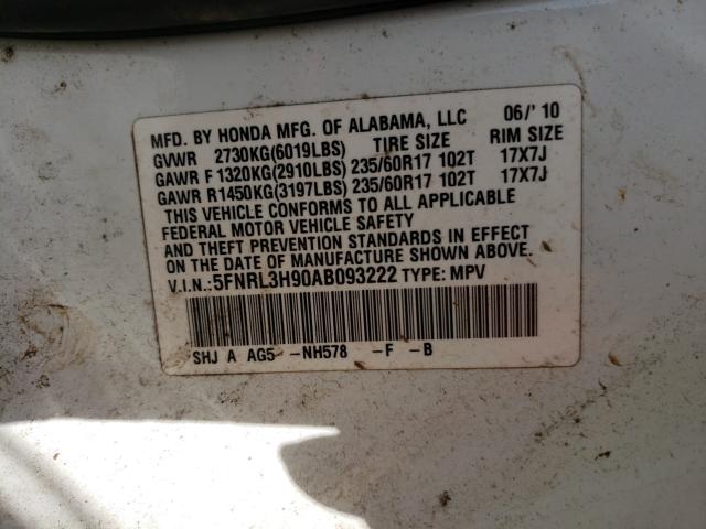 Photo 9 VIN: 5FNRL3H90AB093222 - HONDA ODYSSEY TO 