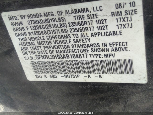 Photo 8 VIN: 5FNRL3H93AB104617 - HONDA ODYSSEY 