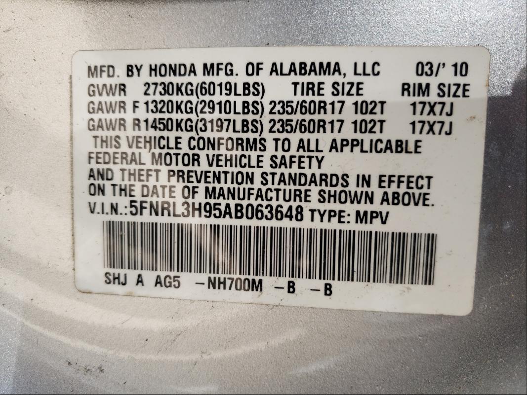 Photo 9 VIN: 5FNRL3H95AB063648 - HONDA ODYSSEY TO 