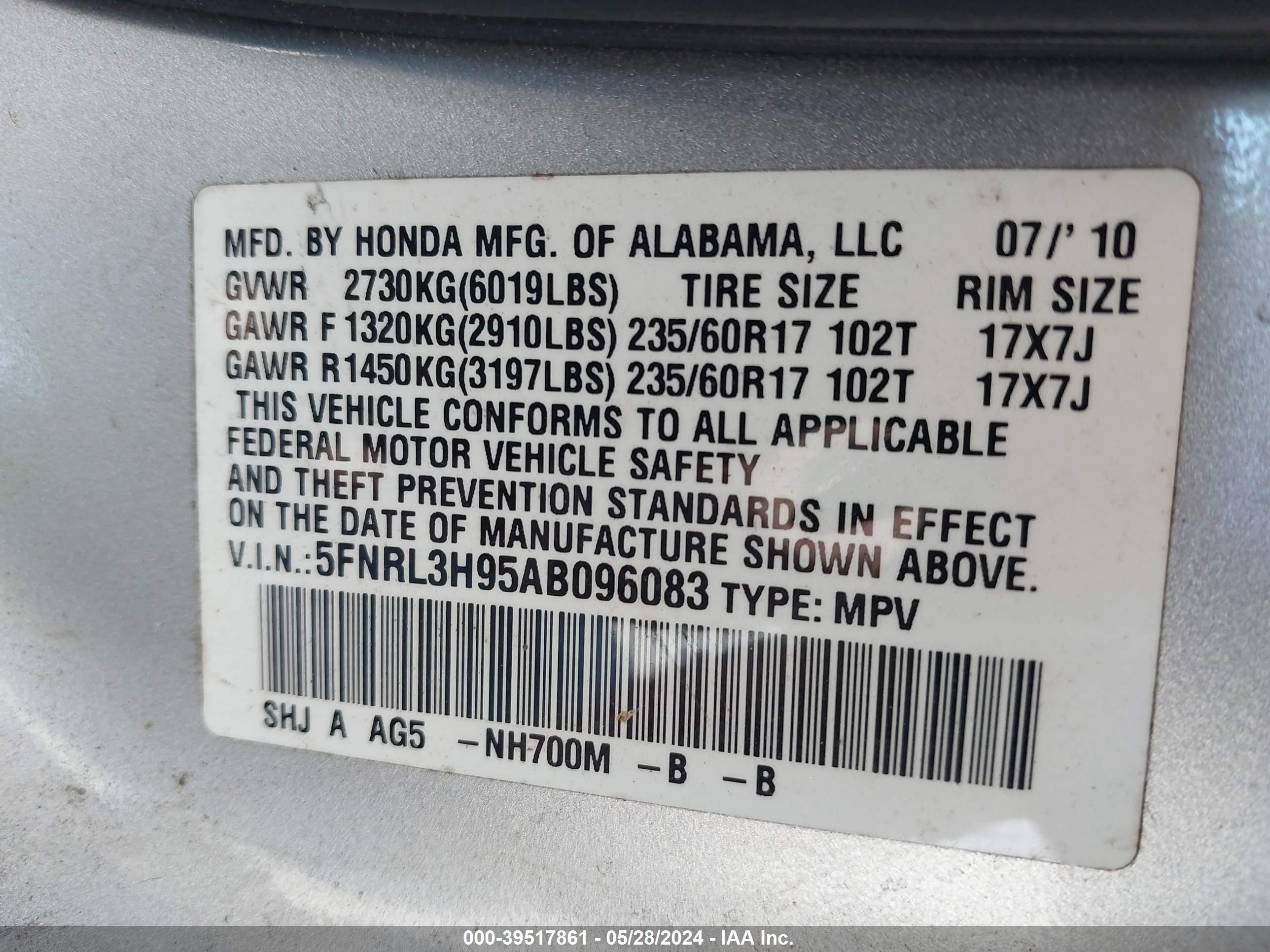 Photo 8 VIN: 5FNRL3H95AB096083 - HONDA ODYSSEY 