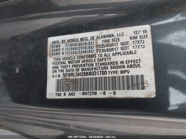 Photo 8 VIN: 5FNRL5828BB031700 - HONDA ODYSSEY 