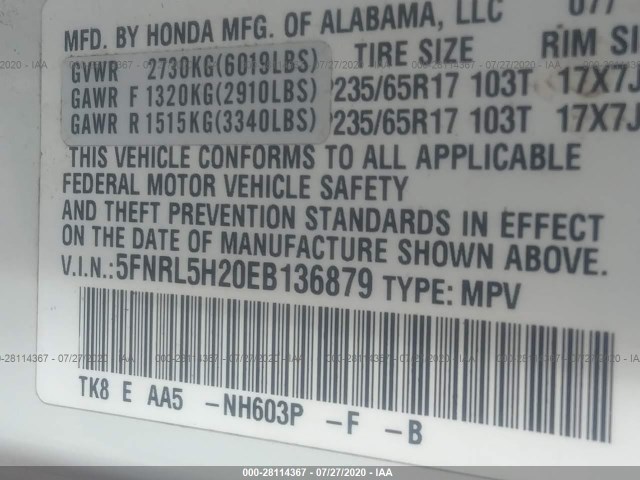 Photo 8 VIN: 5FNRL5H20EB136879 - HONDA ODYSSEY 