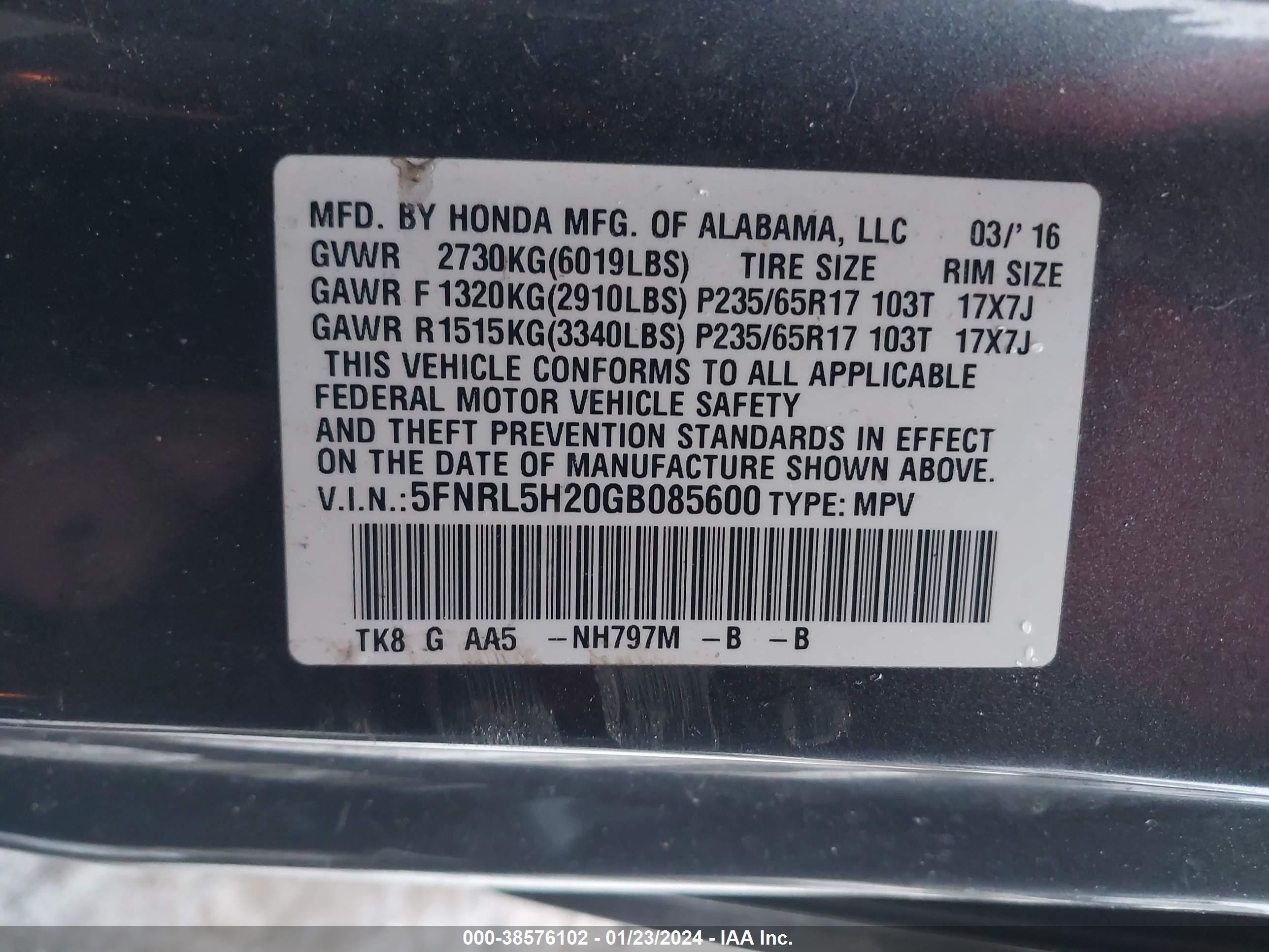 Photo 8 VIN: 5FNRL5H20GB085600 - HONDA ODYSSEY 