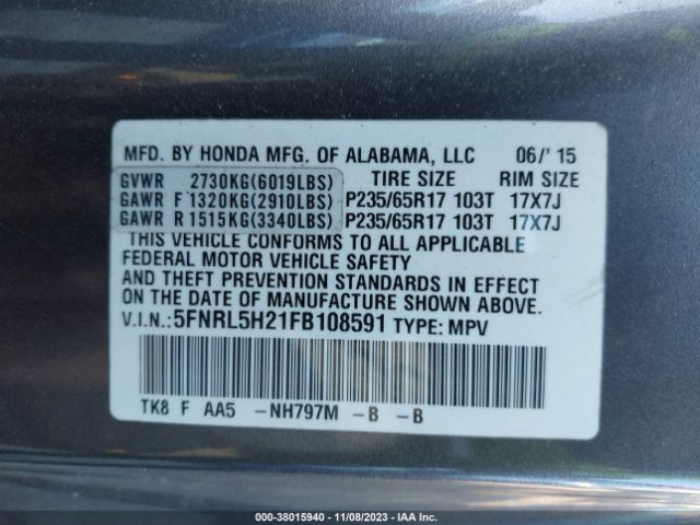 Photo 8 VIN: 5FNRL5H21FB108591 - HONDA ODYSSEY 