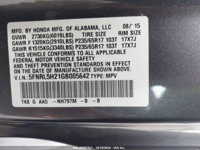 Photo 8 VIN: 5FNRL5H21GB005642 - HONDA ODYSSEY 