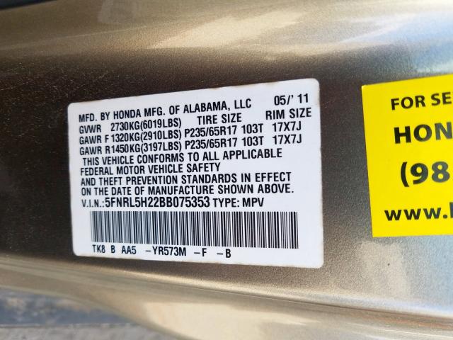 Photo 9 VIN: 5FNRL5H22BB075353 - HONDA ODYSSEY LX 