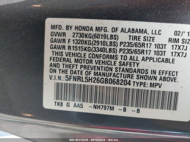 Photo 8 VIN: 5FNRL5H26GB068204 - HONDA ODYSSEY 