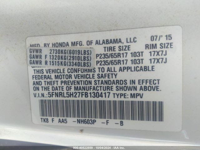 Photo 8 VIN: 5FNRL5H27FB130417 - HONDA ODYSSEY 