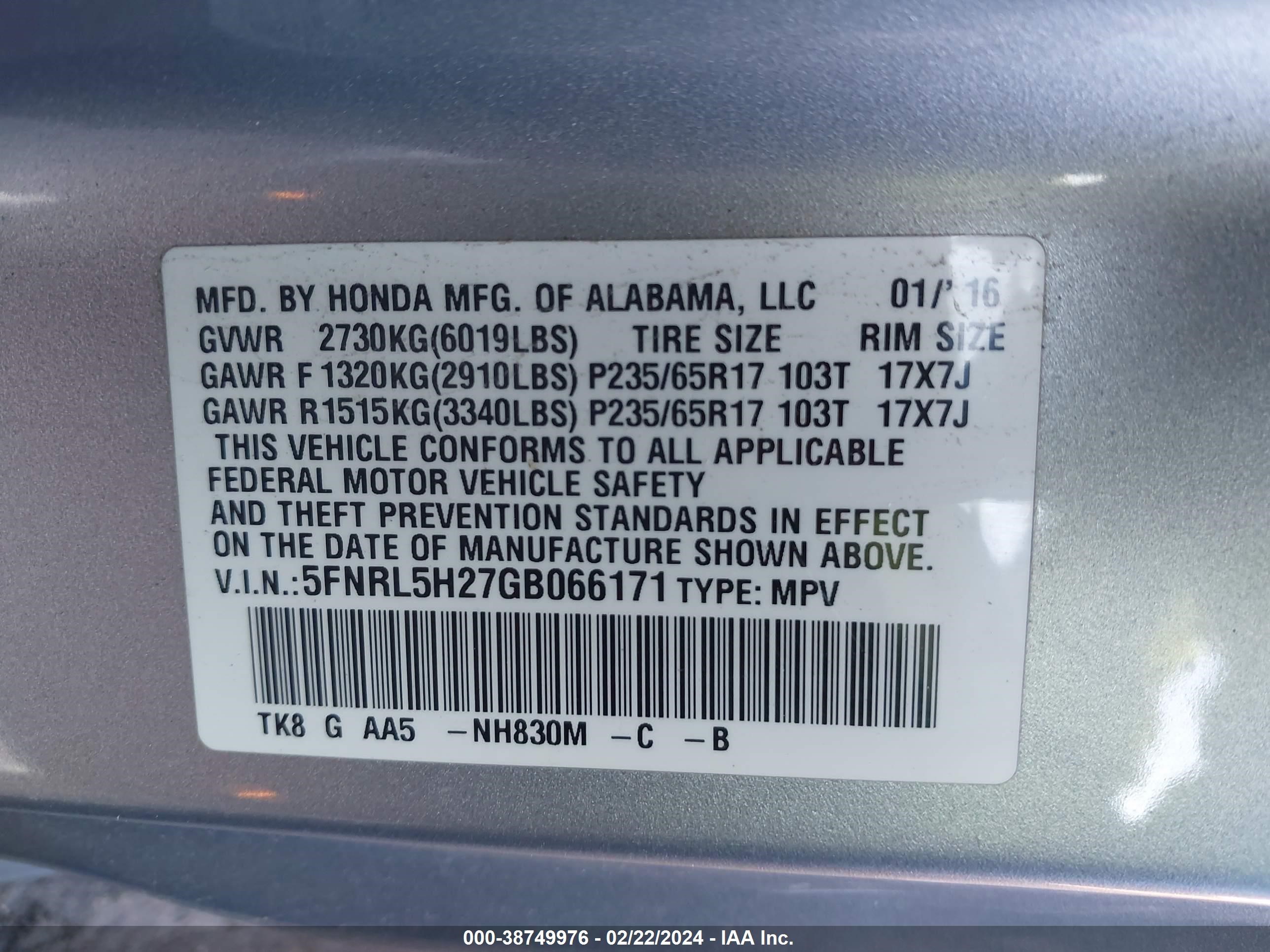 Photo 8 VIN: 5FNRL5H27GB066171 - HONDA ODYSSEY 