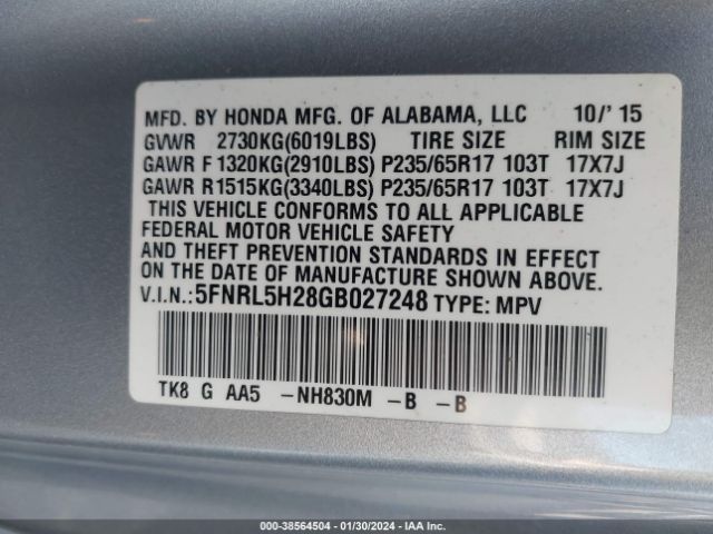 Photo 8 VIN: 5FNRL5H28GB027248 - HONDA ODYSSEY 