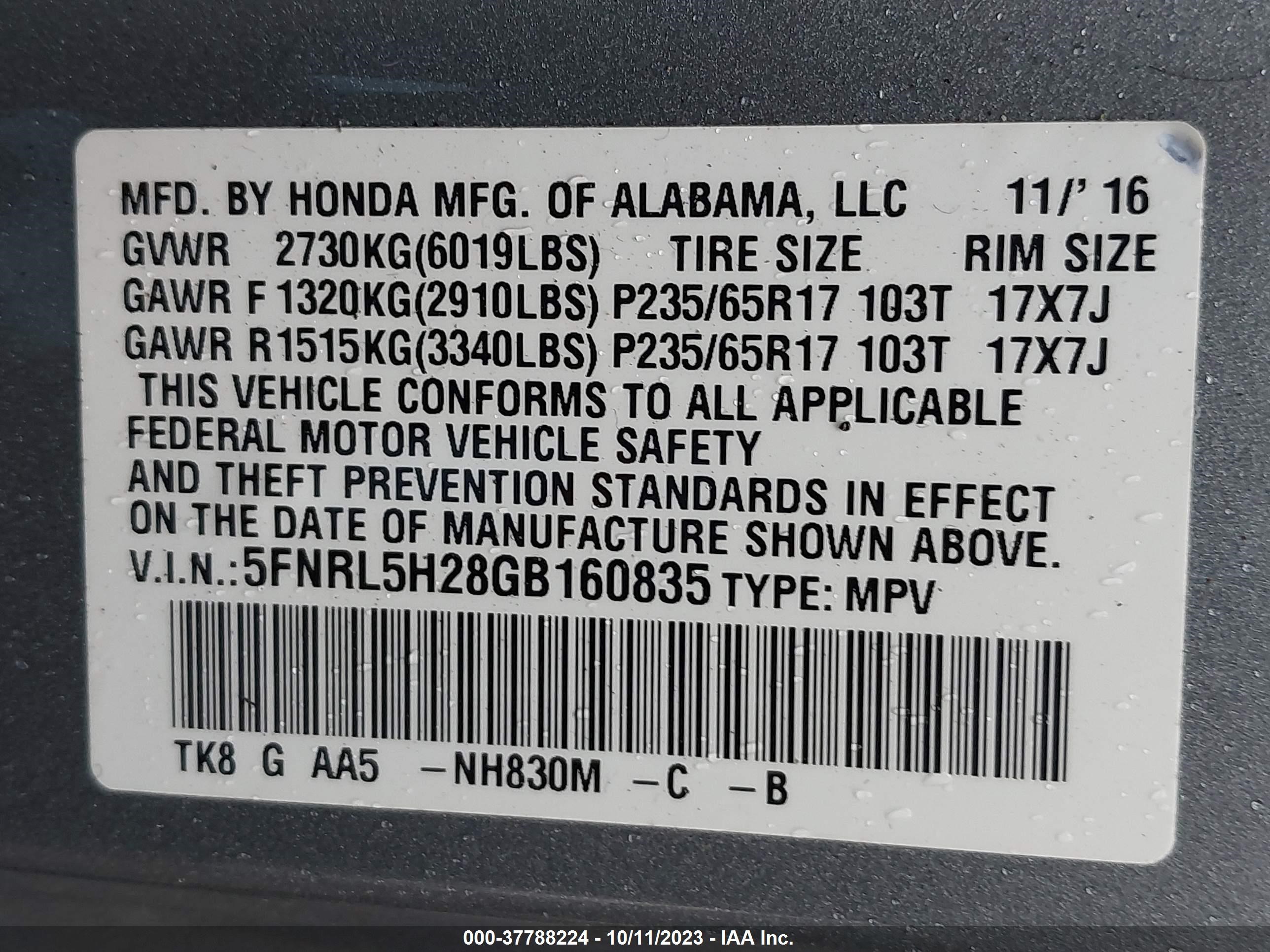 Photo 8 VIN: 5FNRL5H28GB160835 - HONDA ODYSSEY 