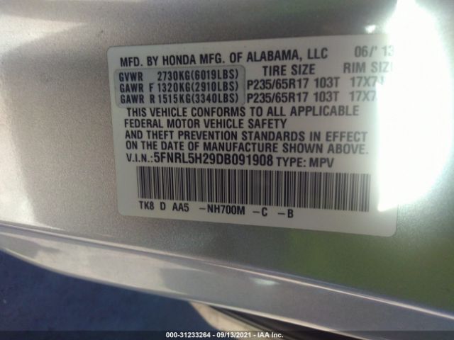 Photo 8 VIN: 5FNRL5H29DB091908 - HONDA ODYSSEY 