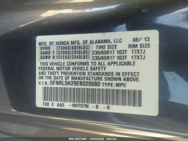 Photo 8 VIN: 5FNRL5H29EB020080 - HONDA ODYSSEY 