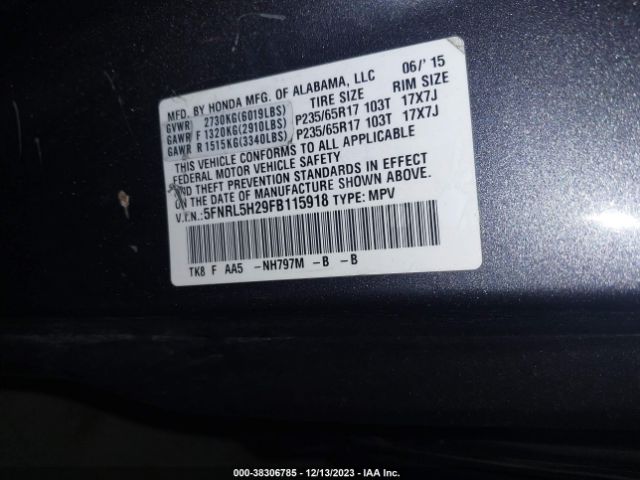 Photo 8 VIN: 5FNRL5H29FB115918 - HONDA ODYSSEY 