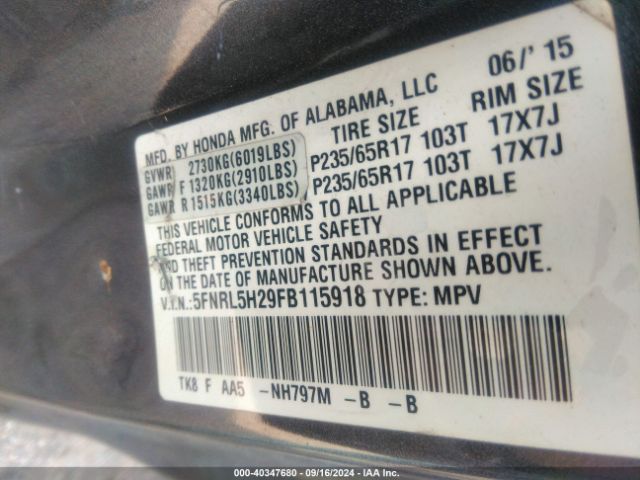 Photo 8 VIN: 5FNRL5H29FB115918 - HONDA ODYSSEY 