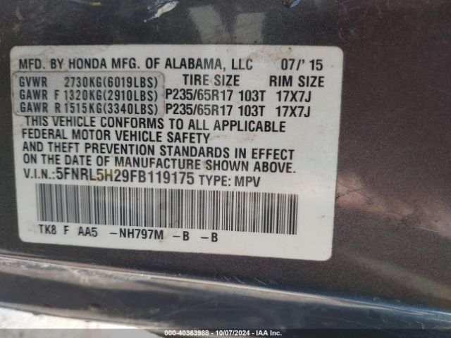 Photo 8 VIN: 5FNRL5H29FB119175 - HONDA ODYSSEY 