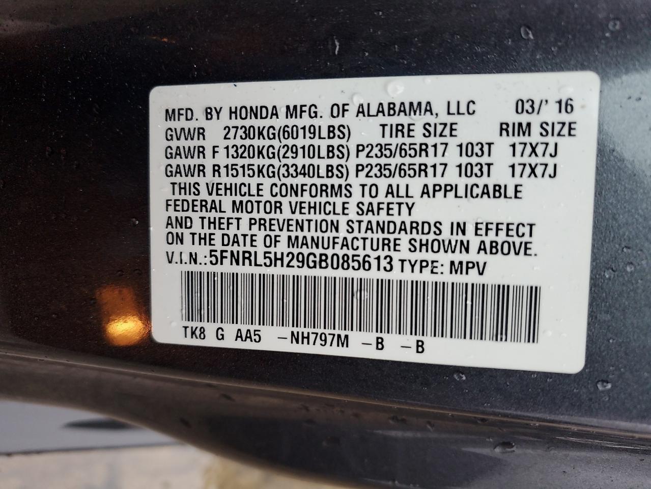 Photo 12 VIN: 5FNRL5H29GB085613 - HONDA ODYSSEY 