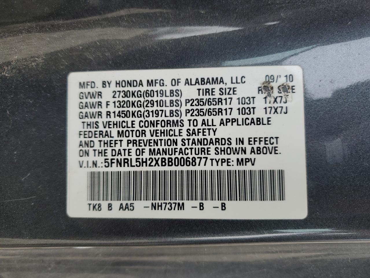 Photo 12 VIN: 5FNRL5H2XBB006877 - HONDA ODYSSEY 