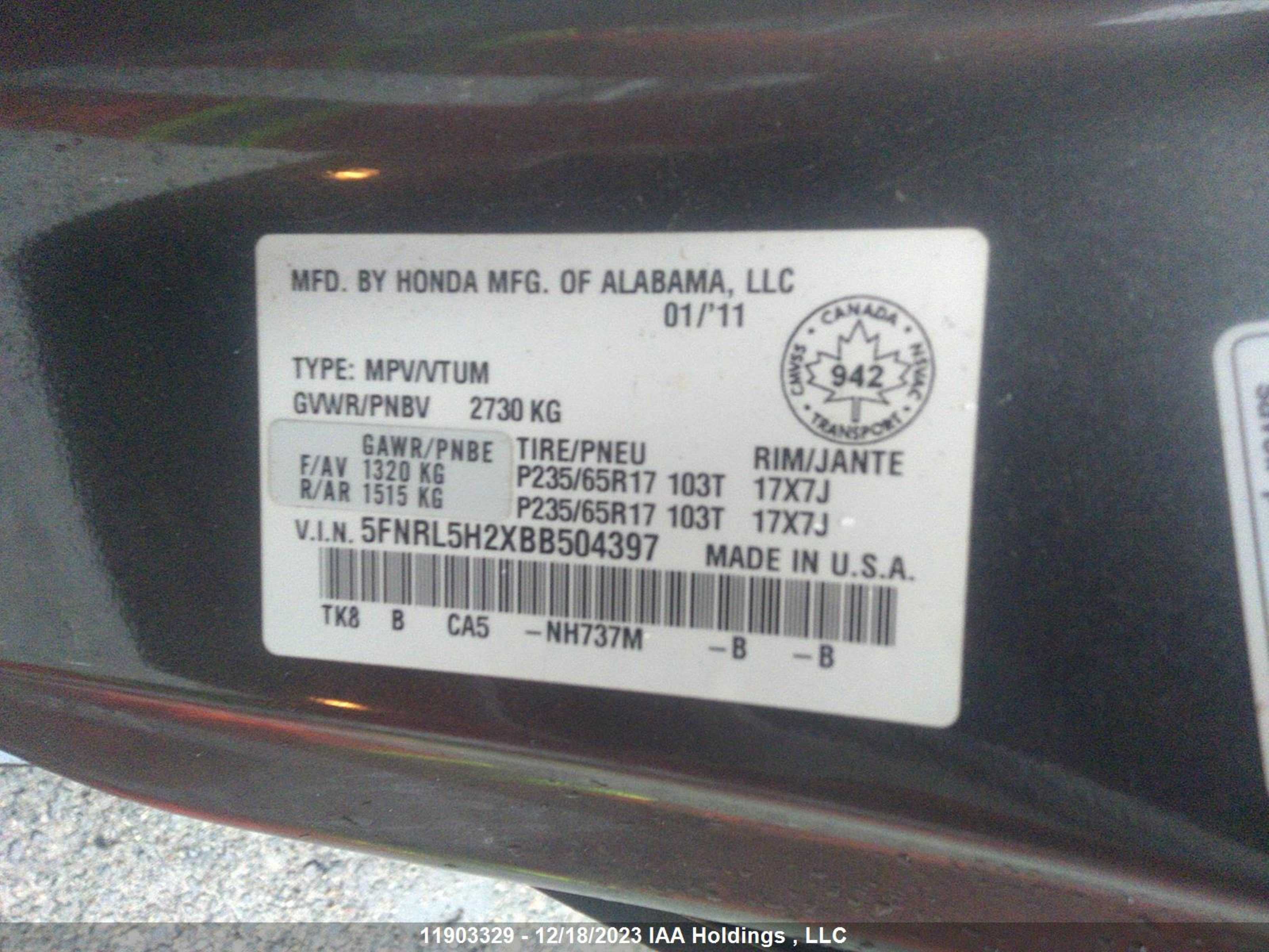 Photo 8 VIN: 5FNRL5H2XBB504397 - HONDA ODYSSEY 