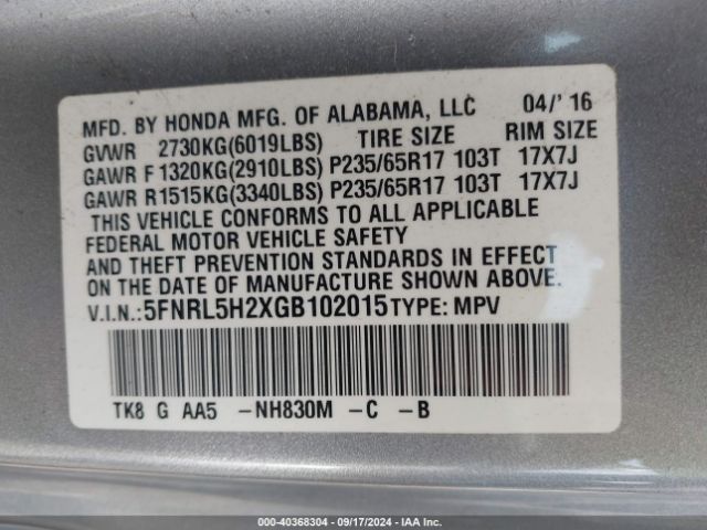 Photo 8 VIN: 5FNRL5H2XGB102015 - HONDA ODYSSEY 