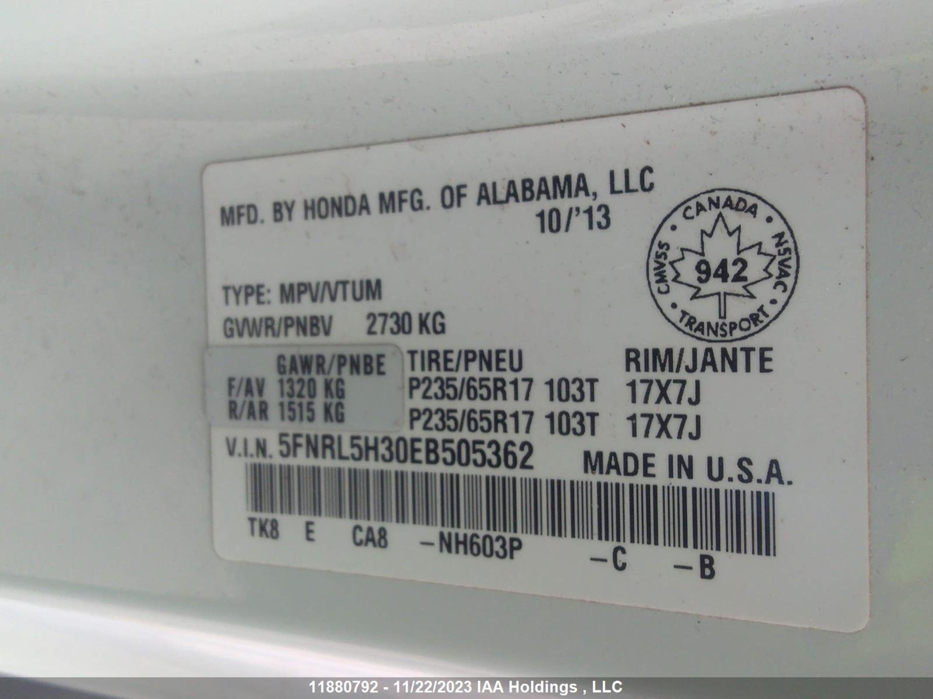 Photo 8 VIN: 5FNRL5H30EB505362 - HONDA ODYSSEY 