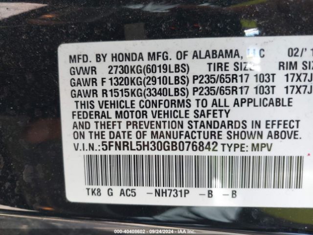 Photo 8 VIN: 5FNRL5H30GB076842 - HONDA ODYSSEY 