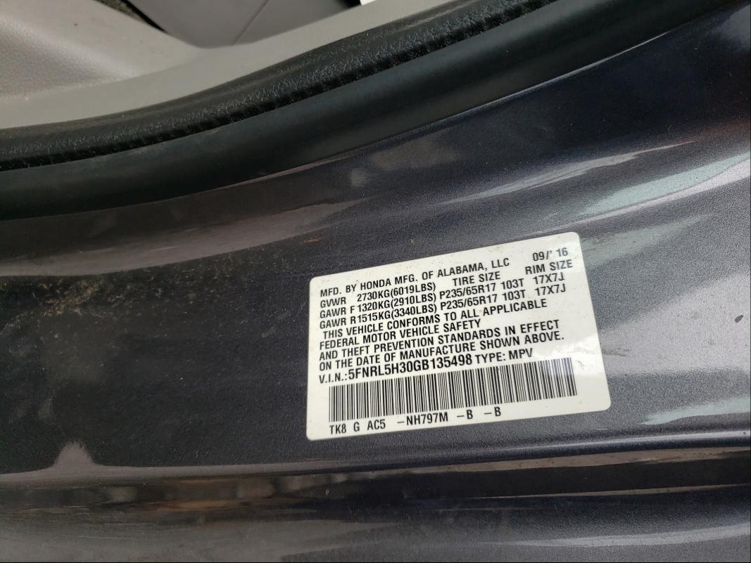 Photo 9 VIN: 5FNRL5H30GB135498 - HONDA ODYSSEY SE 