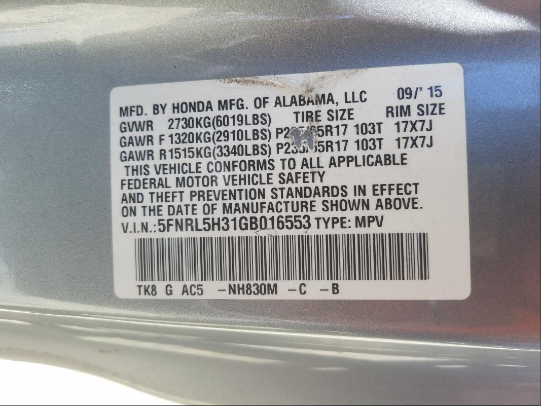 Photo 9 VIN: 5FNRL5H31GB016553 - HONDA ODYSSEY SE 