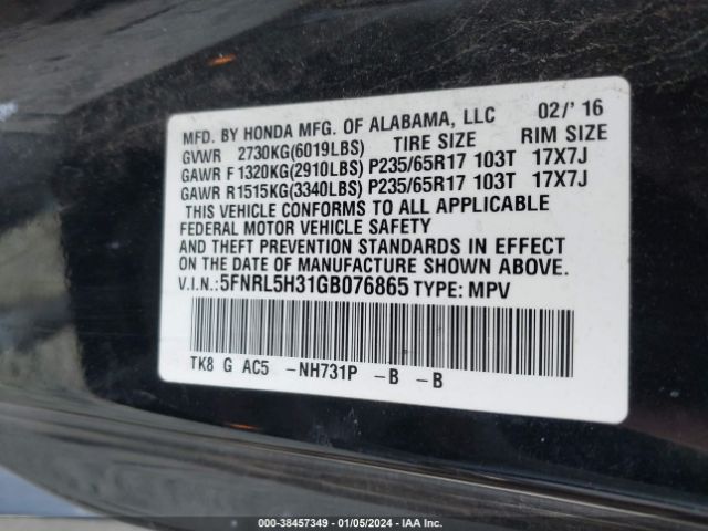 Photo 8 VIN: 5FNRL5H31GB076865 - HONDA ODYSSEY 