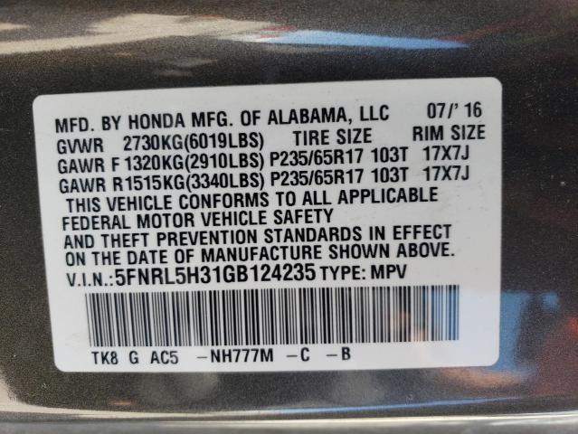 Photo 12 VIN: 5FNRL5H31GB124235 - HONDA ODYSSEY SE 