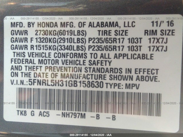 Photo 8 VIN: 5FNRL5H31GB158630 - HONDA ODYSSEY 