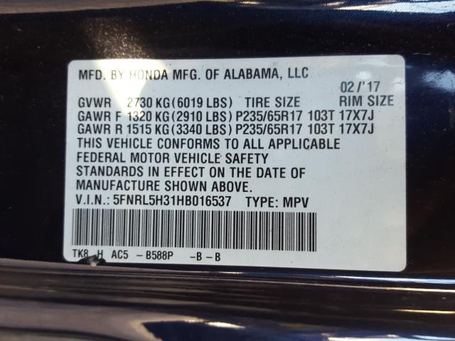 Photo 9 VIN: 5FNRL5H31HB016537 - HONDA ODYSSEY SE 