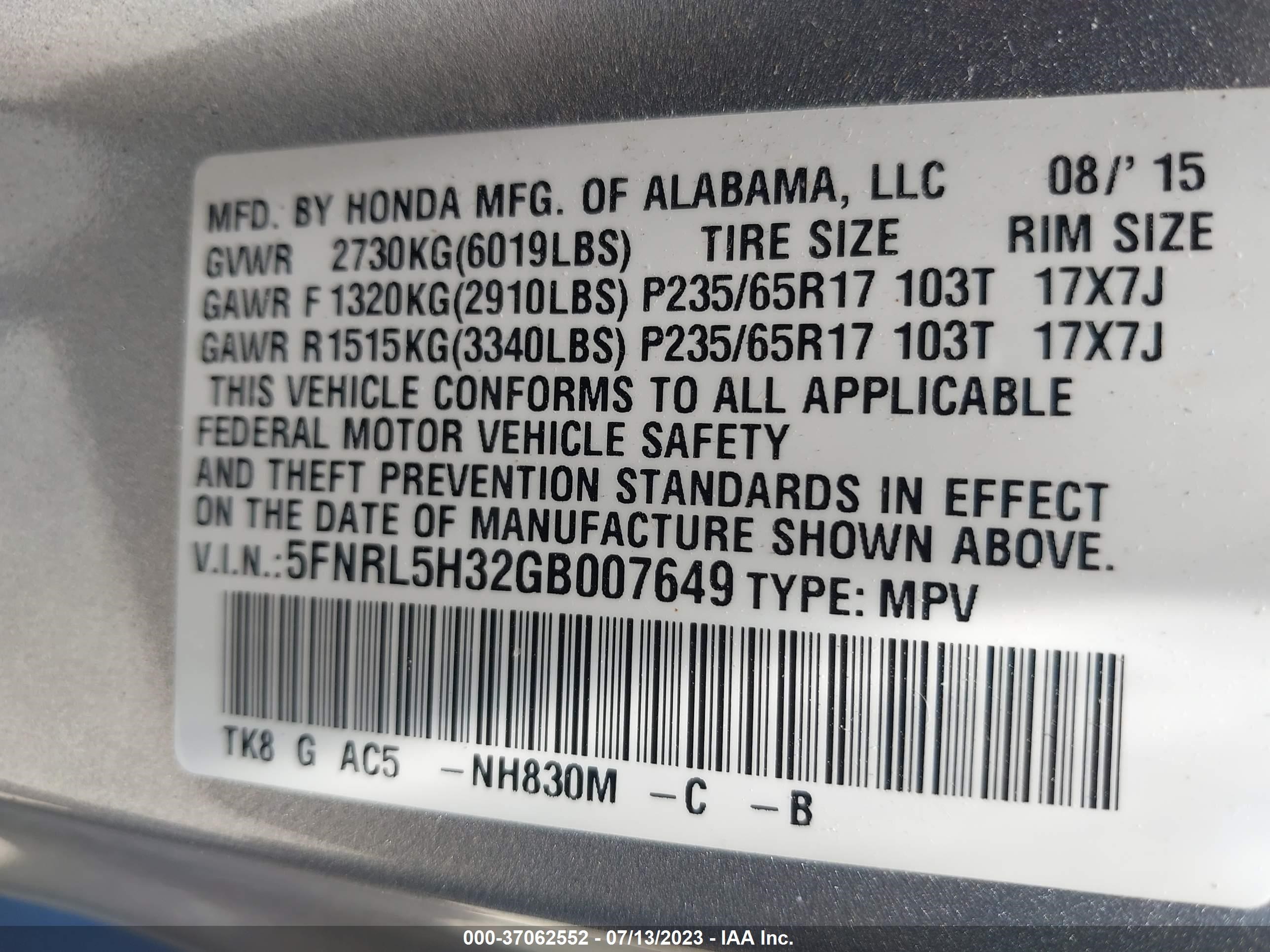 Photo 8 VIN: 5FNRL5H32GB007649 - HONDA ODYSSEY 