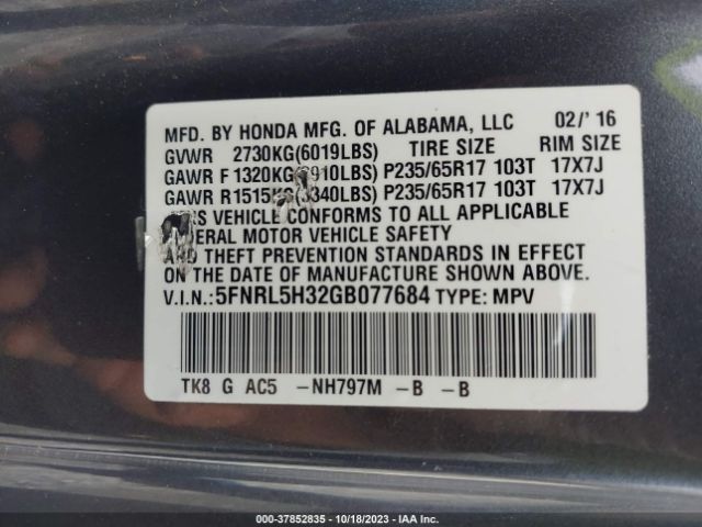 Photo 8 VIN: 5FNRL5H32GB077684 - HONDA ODYSSEY 