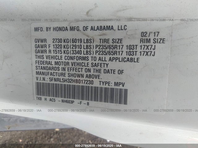 Photo 8 VIN: 5FNRL5H32HB017230 - HONDA ODYSSEY 