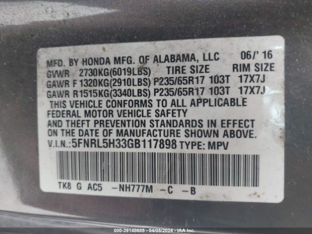 Photo 8 VIN: 5FNRL5H33GB117898 - HONDA ODYSSEY 