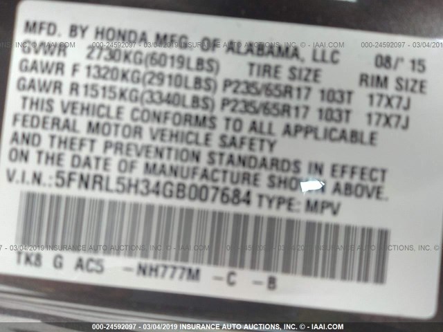 Photo 8 VIN: 5FNRL5H34GB007684 - HONDA ODYSSEY 